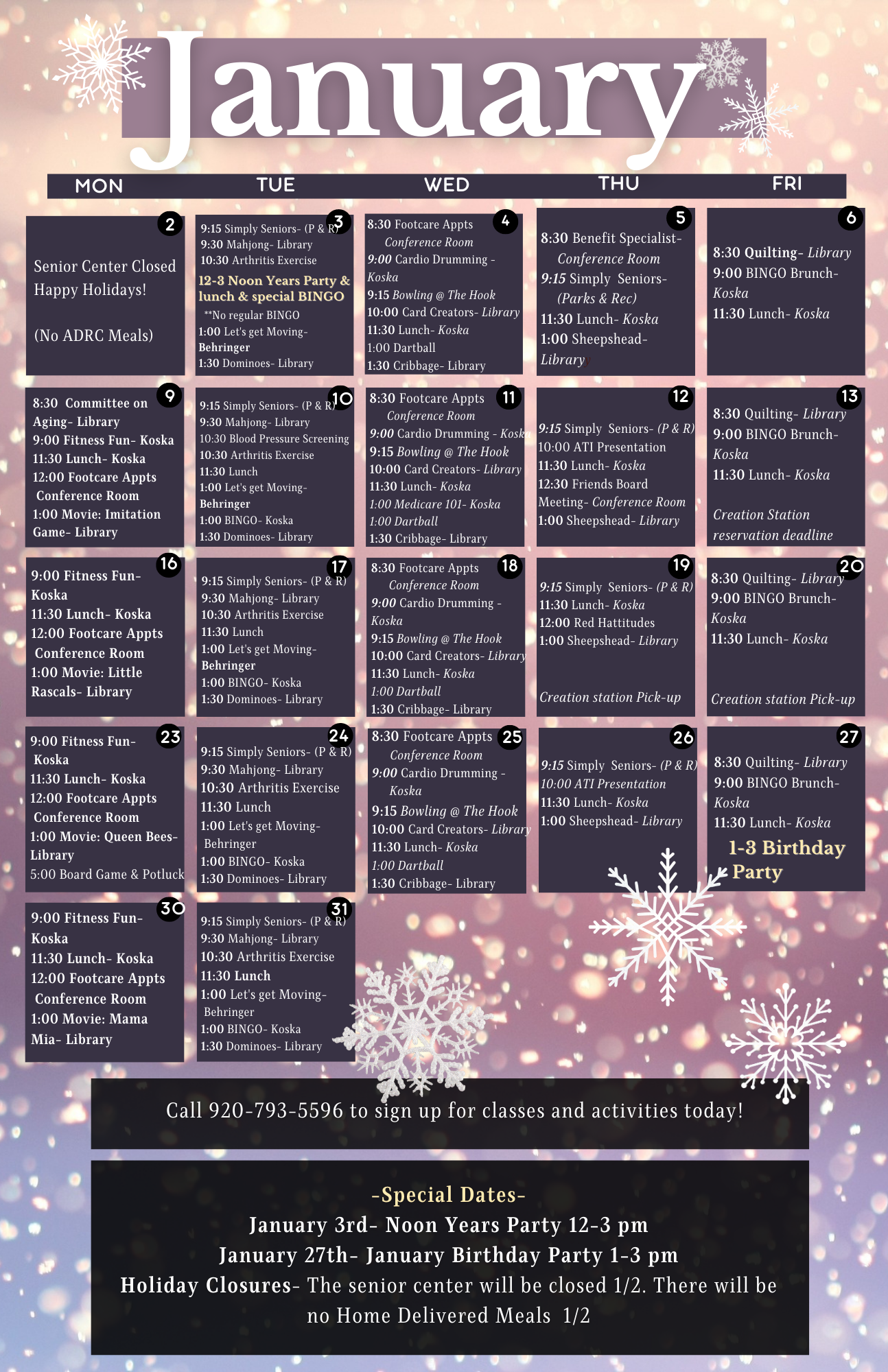 Two Rivers Senior Center January newsletter and activity calendar | Two Rivers Wisconsin