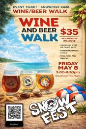 Event poster featuring glasses of wine and a beach in the background.