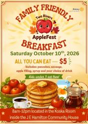 Event poster featuring a stack of pancakes and apples.