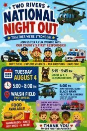 Event poster with hovering helicopter and cutesy cartoon images of emergency personnel in uniform and kids.
