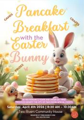 Event poster featuring cute white bunny sitting beyond a plate stacked with pancakes.