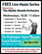 Live music series event poster listing schedule and with image of orchestra-era trumpet player.