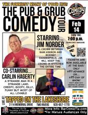 Event poster featuring photos of two comedians.