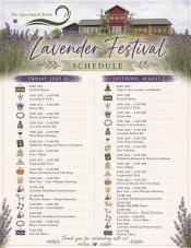 A lineup of event listed underneath photo of rustic building surrounded by lavender plants.