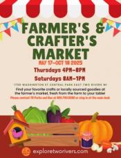 Farmers & Crafters Market event poster depicting vegetables in and around a wooden crate.