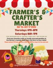 Farmers & Crafters Market event poster depicting vegetables in and around a wooden crate.