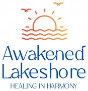 "Awakened Lakeshore/Healing in Harmony" with graphic of sun rising aboves waves.