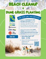 Event poster featuring people cleaning up a beach and surrounded by tall grasses.