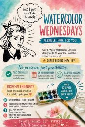 Event poster with watercolor paints and a perplexed-looking woman.