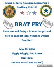 Event poster with American Legion logos and brats on buns.