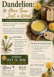 Event poster featuring dandelions and a tin of salve.