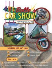 Event poster with photos of classic cars and a funky motorcycle.