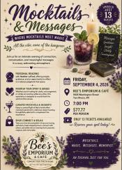 Event poster featuring lovely drink with sprig of mint in it and tarot cards.