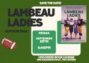 Event banner with football and cover of book "Lambeau Ladies" with two women flanked by two Packers players.