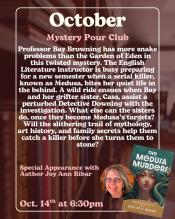 Event post featuring cover of the book, "The Medusa Murders" and head shot of a smiling woman (the author).