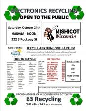 Electronics recycling event poster listing accepted items and fees charged.