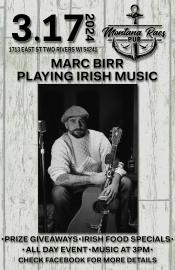 Irish music event poster @ Montana Rae's. B/W image of Marc Birr with guitar.