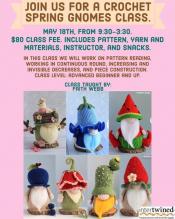 Crochet gnomes class event poster.