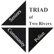 Text reads: "Seniors, Community, Law Enforcement, Two Rivers TRIAD." Words are around three green triangles