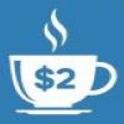 White cup of coffee against a blue background. The cup has blue text that reads: "$2"