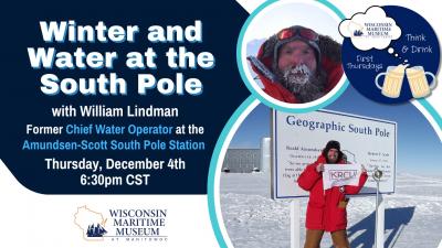 Event posters featuring photo of man standing in front of sign reading "Geographic South Pole."