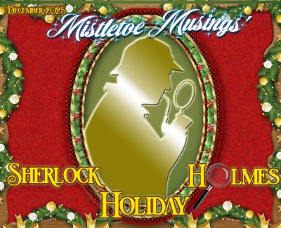 A Christmas-y depiction of the classic silhouette of Holmes in deerstalker with pipe and magnifying glass.