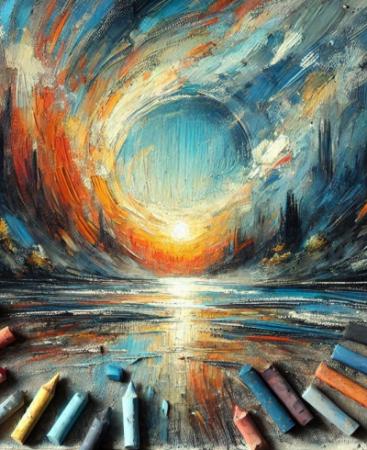 Soft-looking art with pastel pencils in the foreground.