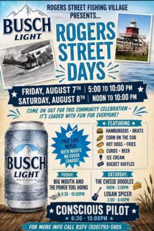 Event poster with schedule, and photos of old commercial fishing boat, a short red lighthouse, and a can of Busch beer.