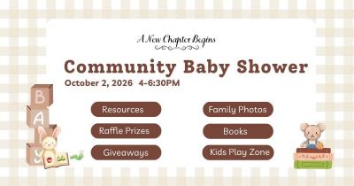 Event poster listing opportunities and picturing blocks, books and two stuffed critters.