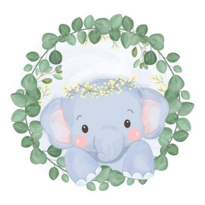 Cute baby elephant encircled by a eucalyptus wreath.