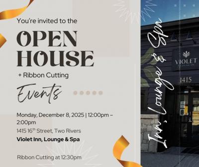 Event poster featuring a cut golden ribbon and a photo of Violet Inn.