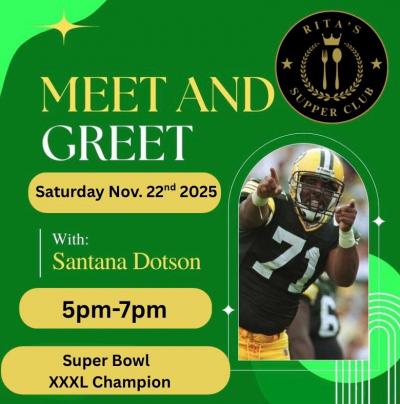 Event poster featuring photo of Packer Santana Dotson at play.
