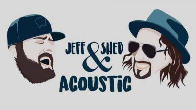 Inked image of two men, one with hat and beard singing, other smiling with fedora and sunglasses.