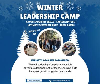 Winter Leadership Camp poster featuring teens working on projects.
