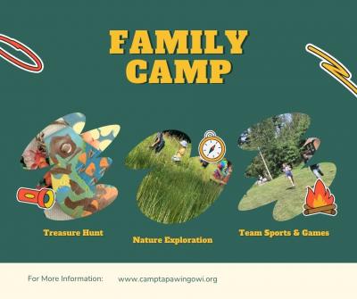 Event announcement featuring photos of family activities including a treasure hunt, nature exploration and team sports.