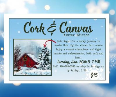 Event poster featuring a painting of a snowy barn scene.