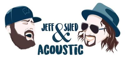 Drawn images of two men, both wearing hats. One sports a beard, the other a goatee.