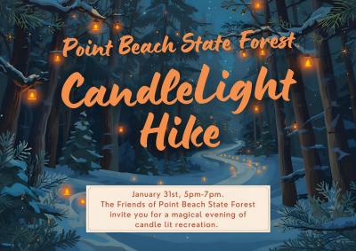 A candlelit snowy path through a forest.