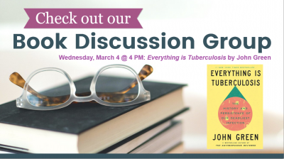 Event poster featuring book cover of Everything Tuberculosis.