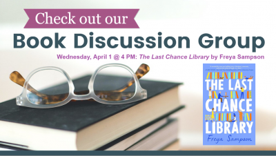 Event poster featuring book cover of "The Last Chance Library."