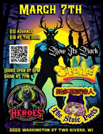 Event poster featuring creepy buff guy with glowing eyes and deer antlers.