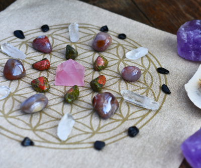 Several crystals on a tabletop.