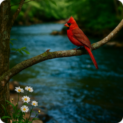 A red cardinal, white flowers and a blue river flowing in the background.