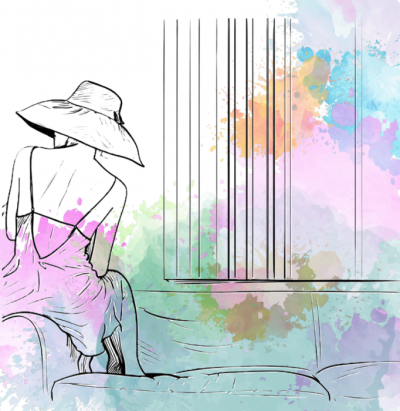 Ink and watercolor piece depicting a woman in a large hat.