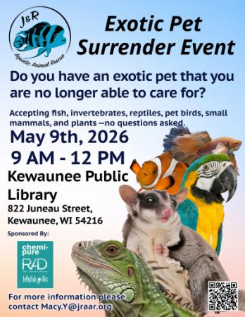 Event poster featuring pets like an iguana, sugar glider, parrot and fish.