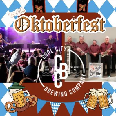 Poster with beer mugs and pretzels and musicians.