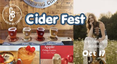 Photos of yummy apple-related drinks, and a smiling woman sitting in a field with guitar.