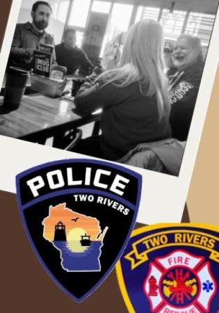 Two Rivers Police Badge and Fire Department Badge along with photo of people conversing at a table.