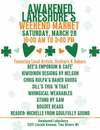Event poster with green hearts and shamrocks, list of vendors.
