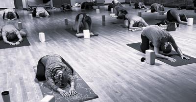 Folks doing yoga pose on mat.